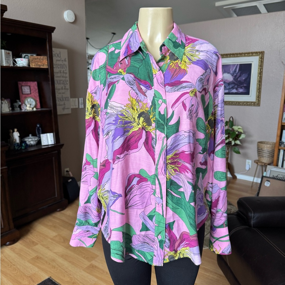 Express Floral Button-Up Blouse in Pink, Green, Purple